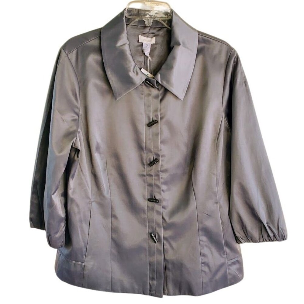 Chico's Pamila Shining Chic Silver Jacket Chico's Size 2 Elegant 3/4 Sleeve NWT